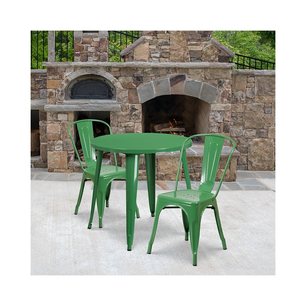 Commercial Grade 30" Round Green Metal Indoor-Outdoor Table Set with 2 Cafe Chairs
