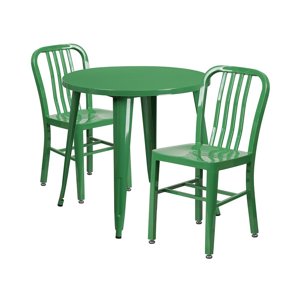 Commercial Grade 30" Round Green Metal Indoor-Outdoor Table Set with 2 Vertical Slat Back Chairs