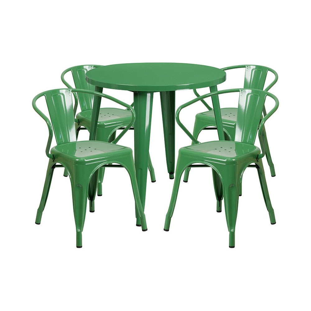 Commercial Grade 30" Round Green Metal Indoor-Outdoor Table Set with 4 Arm Chairs