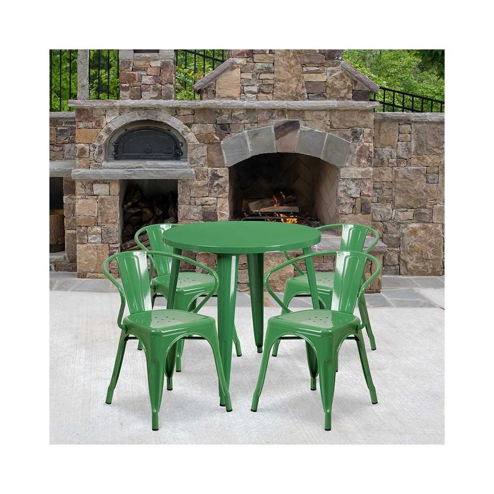 Commercial Grade 30" Round Green Metal Indoor-Outdoor Table Set with 4 Arm Chairs