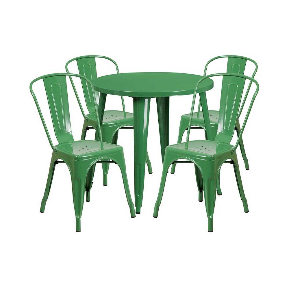 Commercial Grade 30" Round Green Metal Indoor-Outdoor Table Set with 4 Cafe Chairs