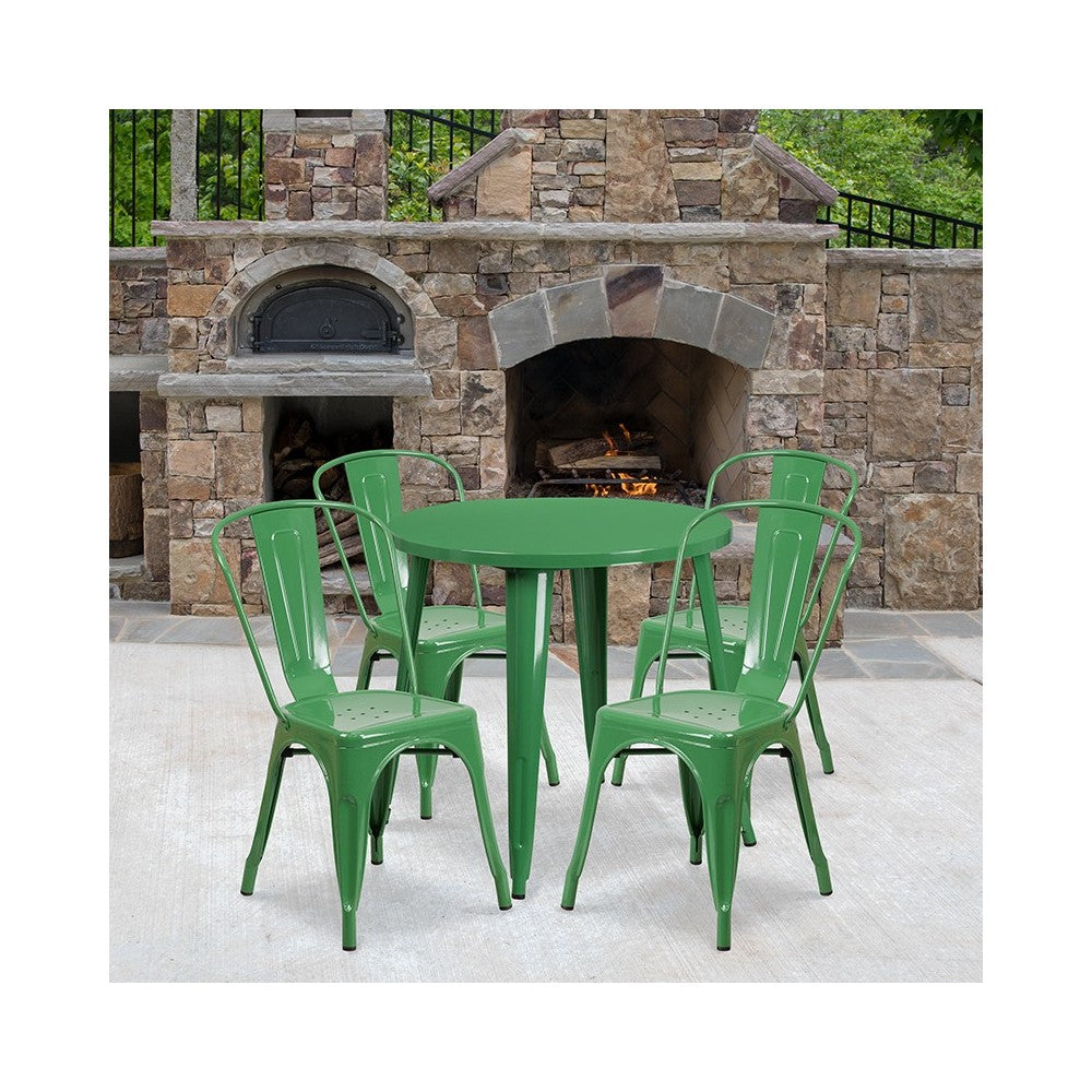 Commercial Grade 30" Round Green Metal Indoor-Outdoor Table Set with 4 Cafe Chairs