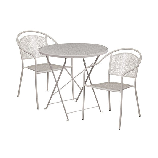 Commercial Grade 30" Round Light Gray Indoor-Outdoor Steel Folding Patio Table Set with 2 Round Back Chairs