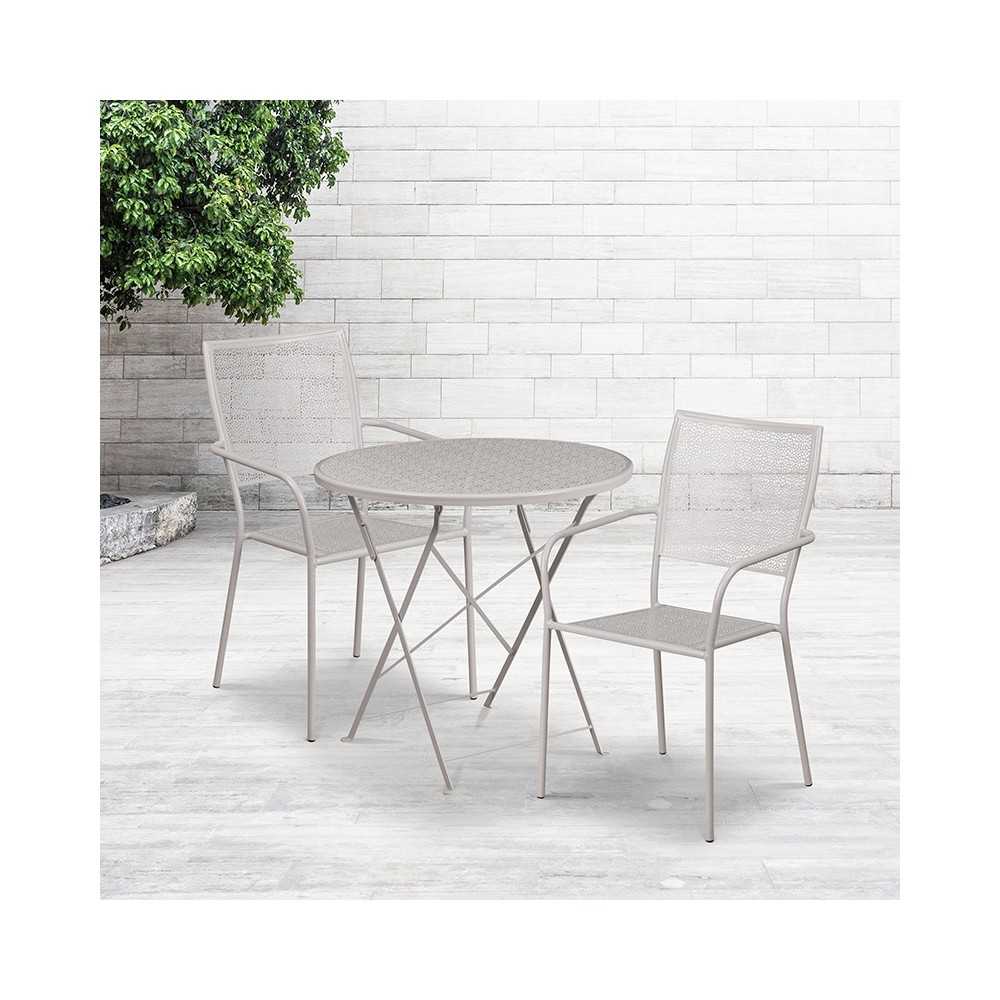 Commercial Grade 30" Round Light Gray Indoor-Outdoor Steel Folding Patio Table Set with 2 Square Back Chairs
