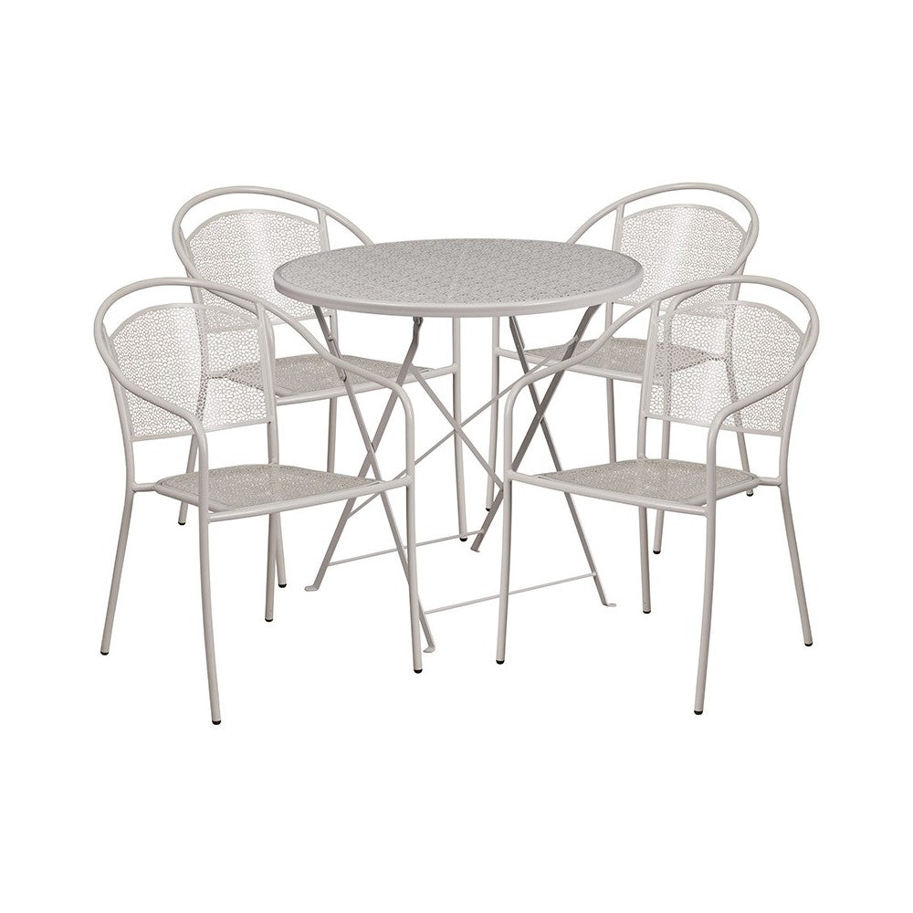 Commercial Grade 30" Round Light Gray Indoor-Outdoor Steel Folding Patio Table Set with 4 Round Back Chairs