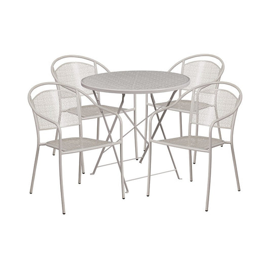Commercial Grade 30" Round Light Gray Indoor-Outdoor Steel Folding Patio Table Set with 4 Round Back Chairs