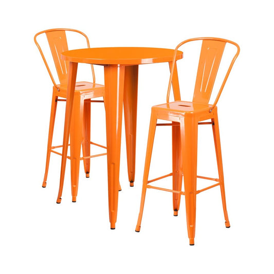 Commercial Grade 30" Round Orange Metal Indoor-Outdoor Bar Table Set with 2 Cafe Stools