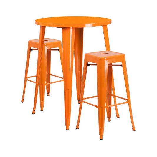 Commercial Grade 30" Round Orange Metal Indoor-Outdoor Bar Table Set with 2 Square Seat Backless Stools