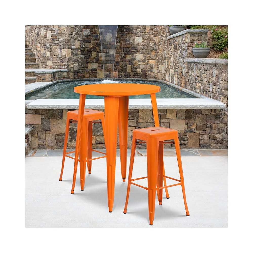 Commercial Grade 30" Round Orange Metal Indoor-Outdoor Bar Table Set with 2 Square Seat Backless Stools