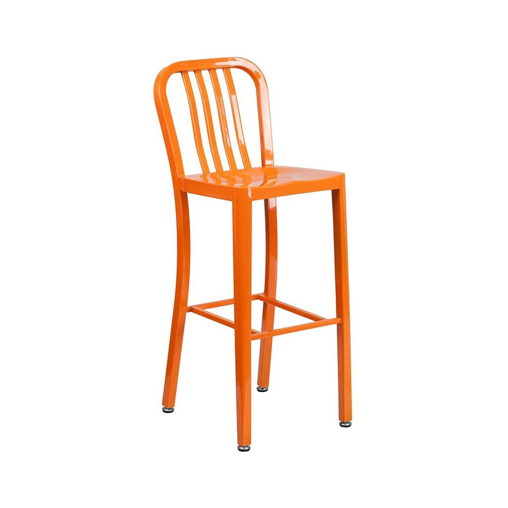 Commercial Grade 30" Round Orange Metal Indoor-Outdoor Bar Table Set with 2 Vertical Slat Back Stools