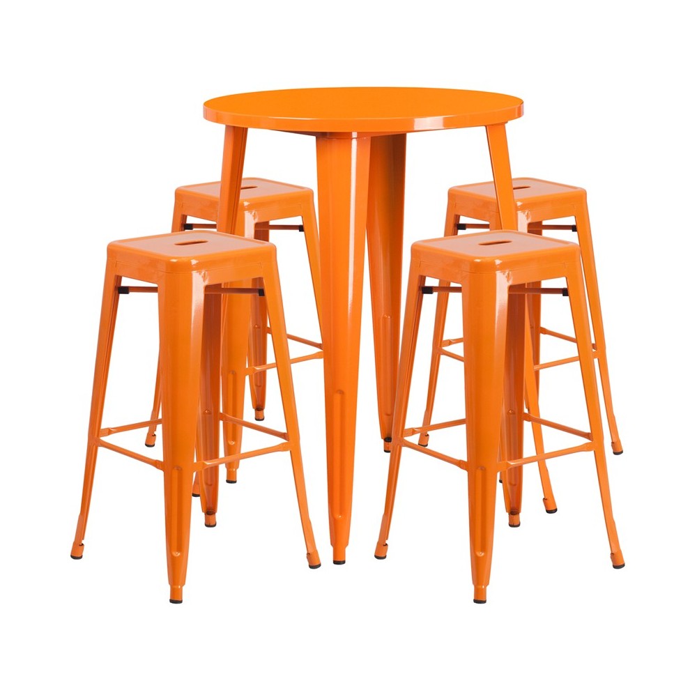Commercial Grade 30" Round Orange Metal Indoor-Outdoor Bar Table Set with 4 Square Seat Backless Stools