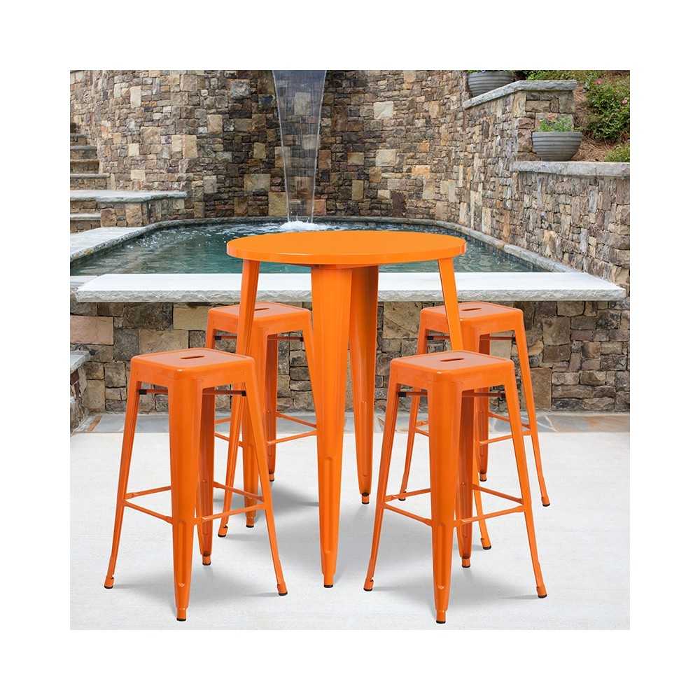 Commercial Grade 30" Round Orange Metal Indoor-Outdoor Bar Table Set with 4 Square Seat Backless Stools