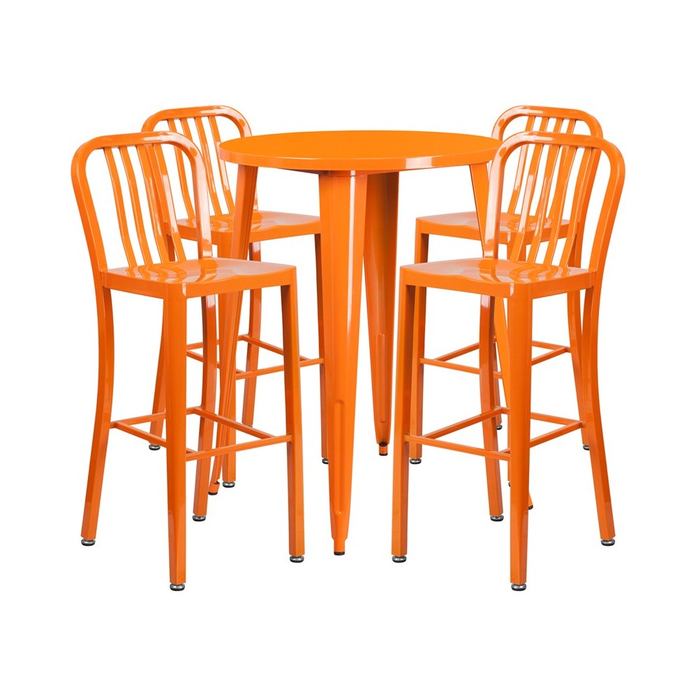 Commercial Grade 30" Round Orange Metal Indoor-Outdoor Bar Table Set with 4 Vertical Slat Back Stools