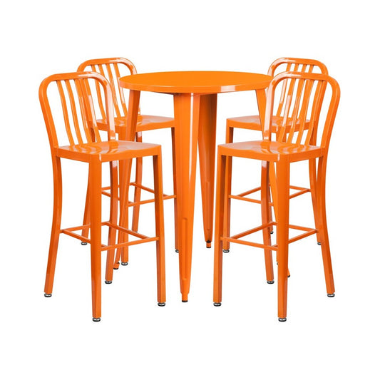 Commercial Grade 30" Round Orange Metal Indoor-Outdoor Bar Table Set with 4 Vertical Slat Back Stools