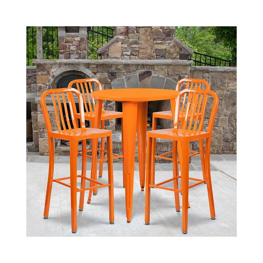 Commercial Grade 30" Round Orange Metal Indoor-Outdoor Bar Table Set with 4 Vertical Slat Back Stools