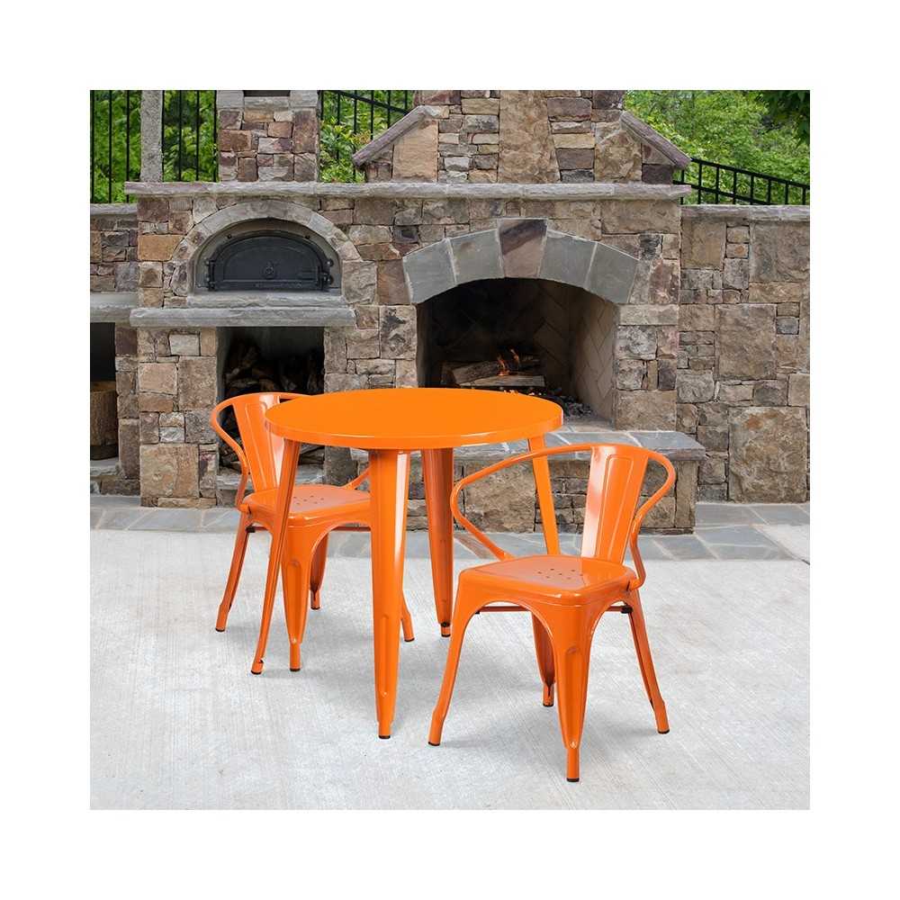 Commercial Grade 30" Round Orange Metal Indoor-Outdoor Table Set with 2 Arm Chairs
