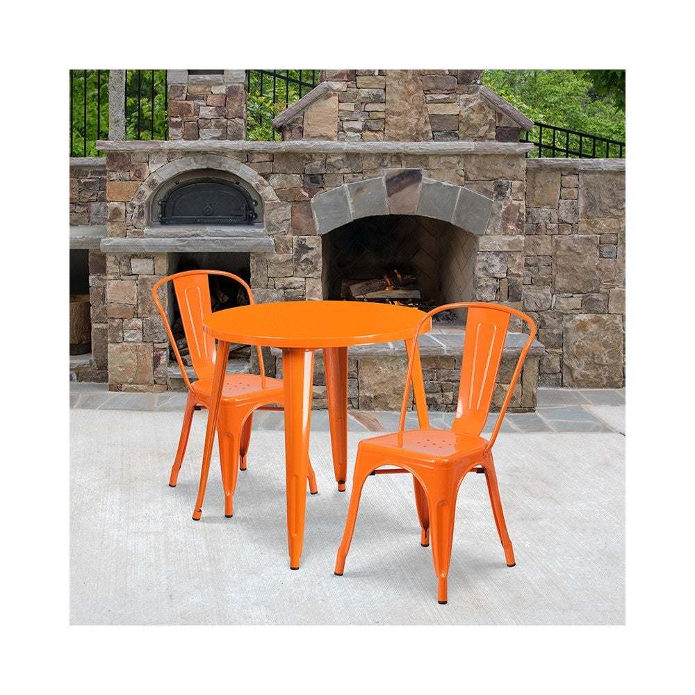 Commercial Grade 30" Round Orange Metal Indoor-Outdoor Table Set with 2 Cafe Chairs