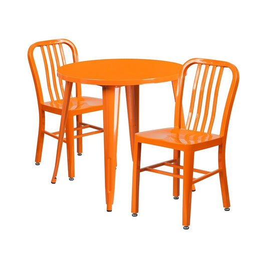 Commercial Grade 30" Round Orange Metal Indoor-Outdoor Table Set with 2 Vertical Slat Back Chairs