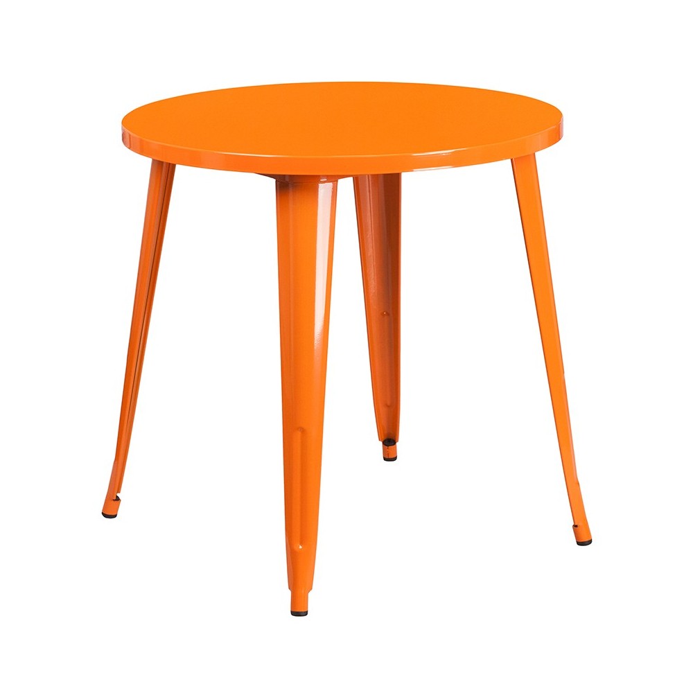Commercial Grade 30" Round Orange Metal Indoor-Outdoor Table Set with 2 Vertical Slat Back Chairs