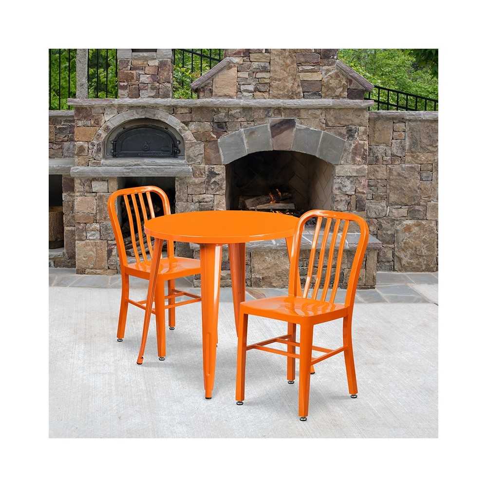 Commercial Grade 30" Round Orange Metal Indoor-Outdoor Table Set with 2 Vertical Slat Back Chairs