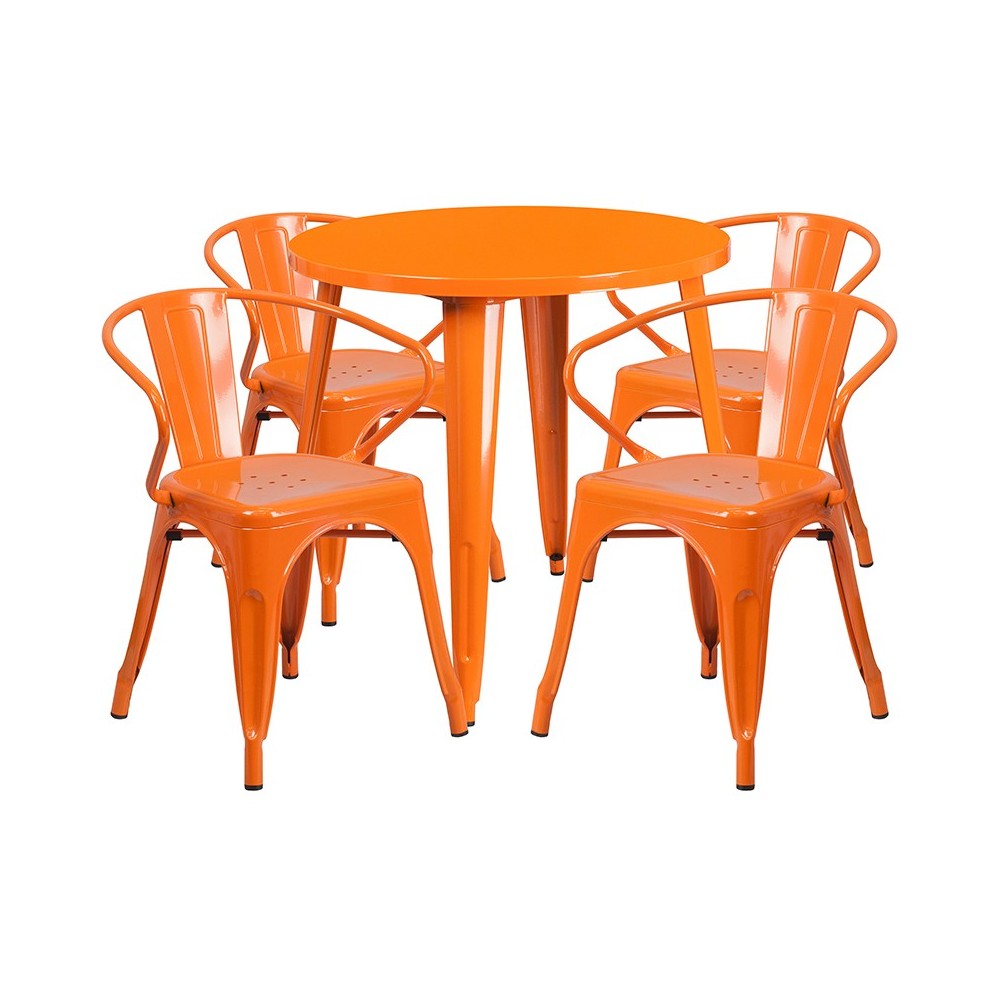 Commercial Grade 30" Round Orange Metal Indoor-Outdoor Table Set with 4 Arm Chairs