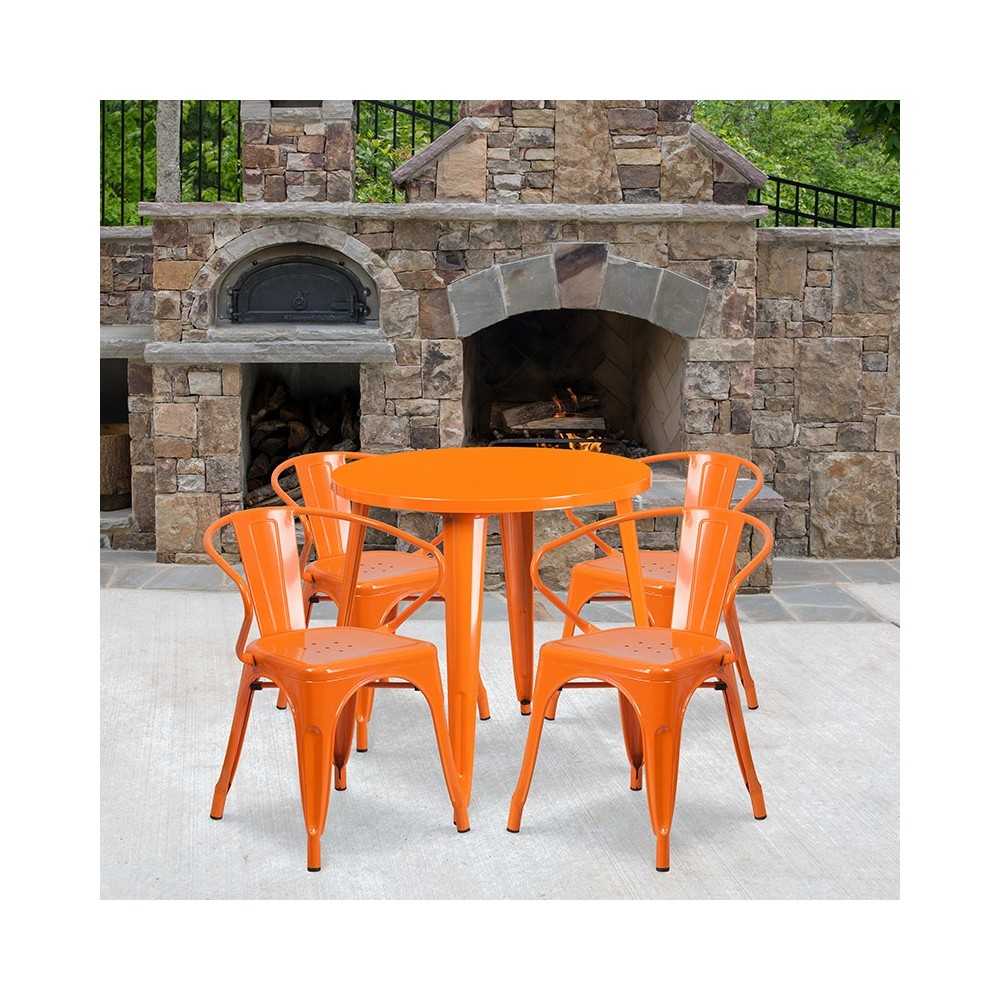 Commercial Grade 30" Round Orange Metal Indoor-Outdoor Table Set with 4 Arm Chairs