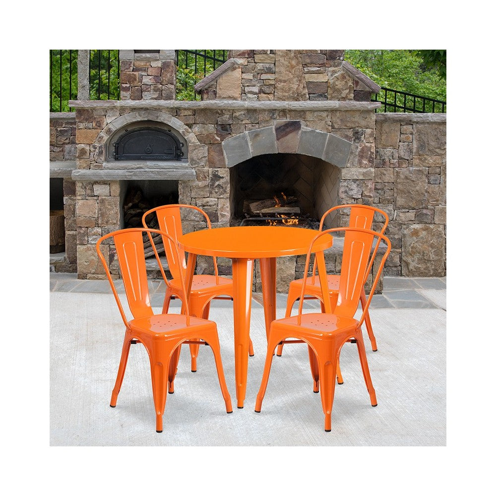 Commercial Grade 30" Round Orange Metal Indoor-Outdoor Table Set with 4 Cafe Chairs