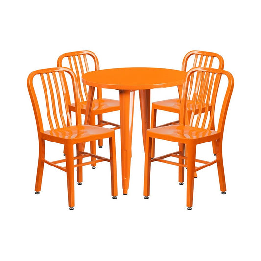 Commercial Grade 30" Round Orange Metal Indoor-Outdoor Table Set with 4 Vertical Slat Back Chairs