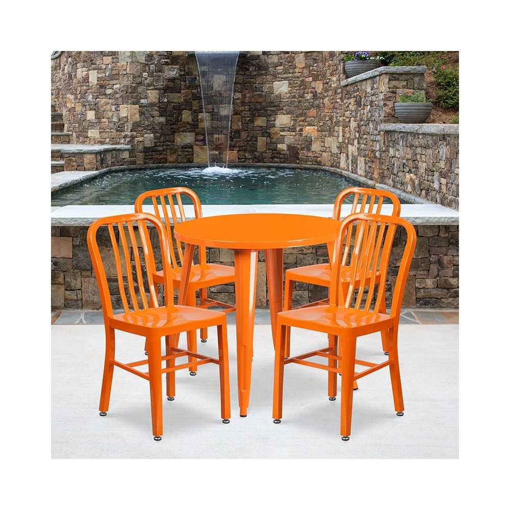 Commercial Grade 30" Round Orange Metal Indoor-Outdoor Table Set with 4 Vertical Slat Back Chairs