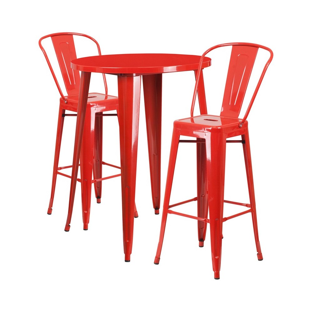 Commercial Grade 30" Round Red Metal Indoor-Outdoor Bar Table Set with 2 Cafe Stools