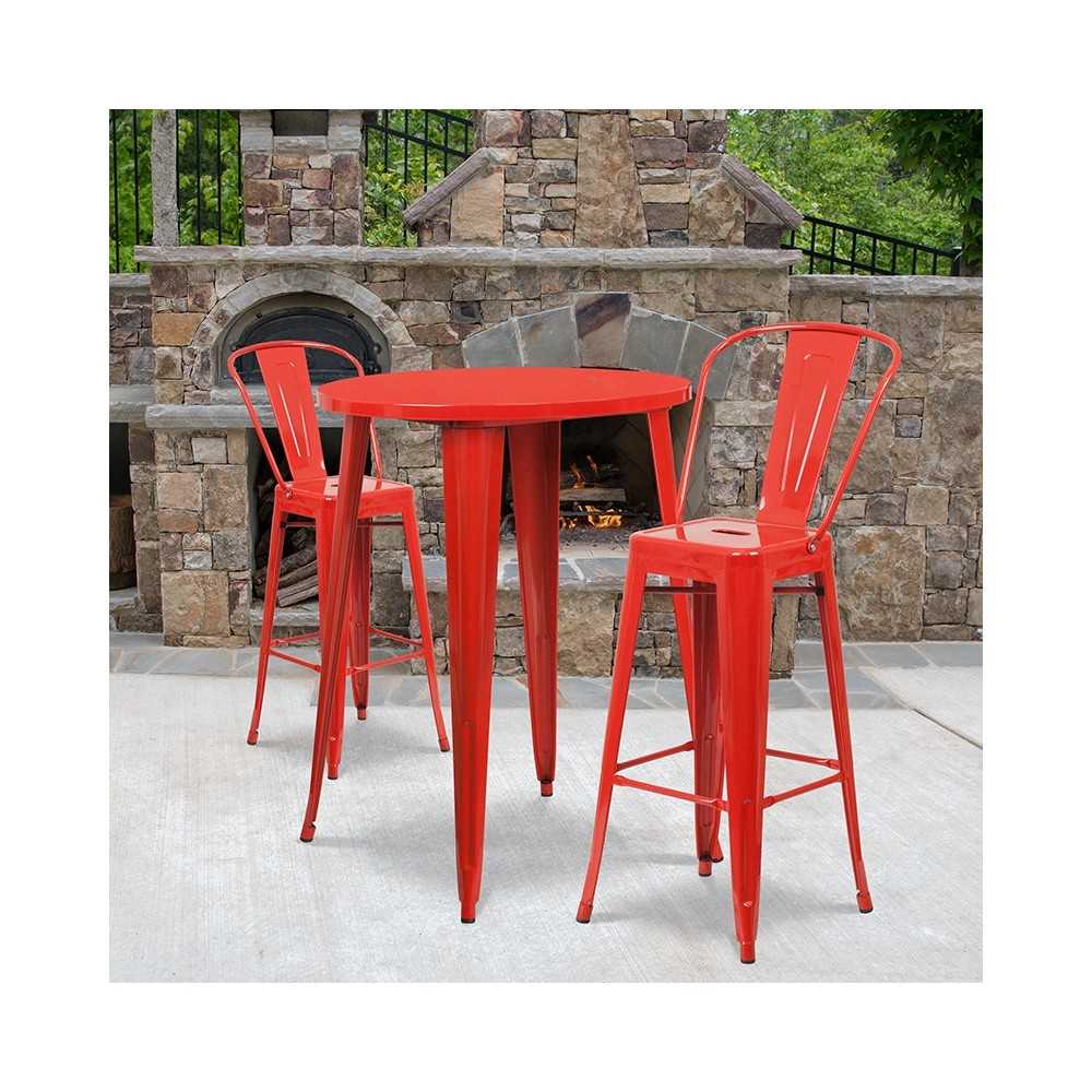 Commercial Grade 30" Round Red Metal Indoor-Outdoor Bar Table Set with 2 Cafe Stools