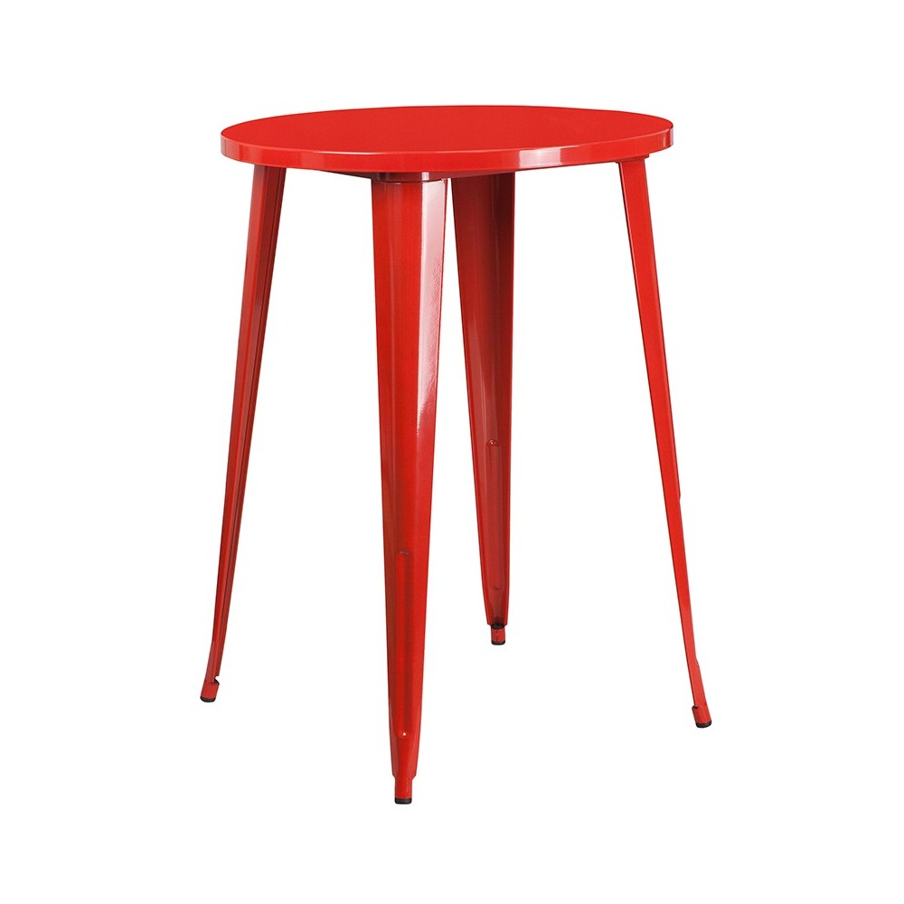 Commercial Grade 30" Round Red Metal Indoor-Outdoor Bar Table Set with 2 Square Seat Backless Stools