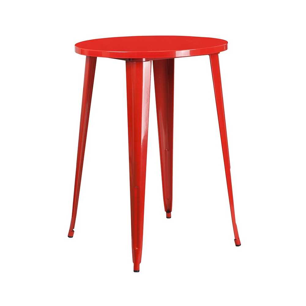 Commercial Grade 30" Round Red Metal Indoor-Outdoor Bar Table Set with 2 Vertical Slat Back Stools
