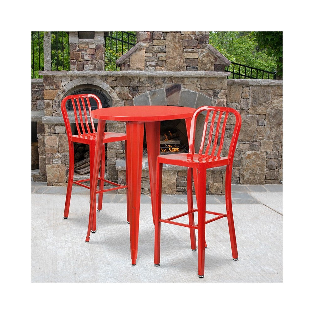 Commercial Grade 30" Round Red Metal Indoor-Outdoor Bar Table Set with 2 Vertical Slat Back Stools