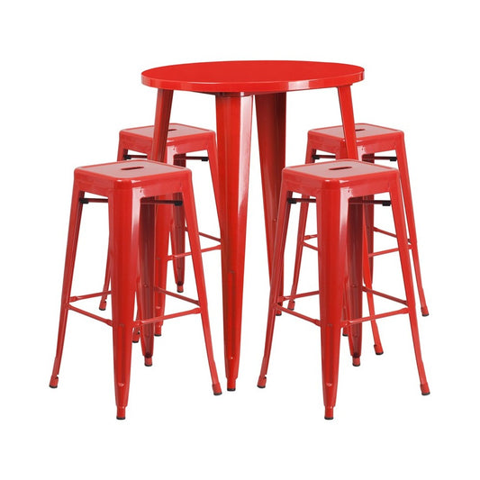 Commercial Grade 30" Round Red Metal Indoor-Outdoor Bar Table Set with 4 Square Seat Backless Stools