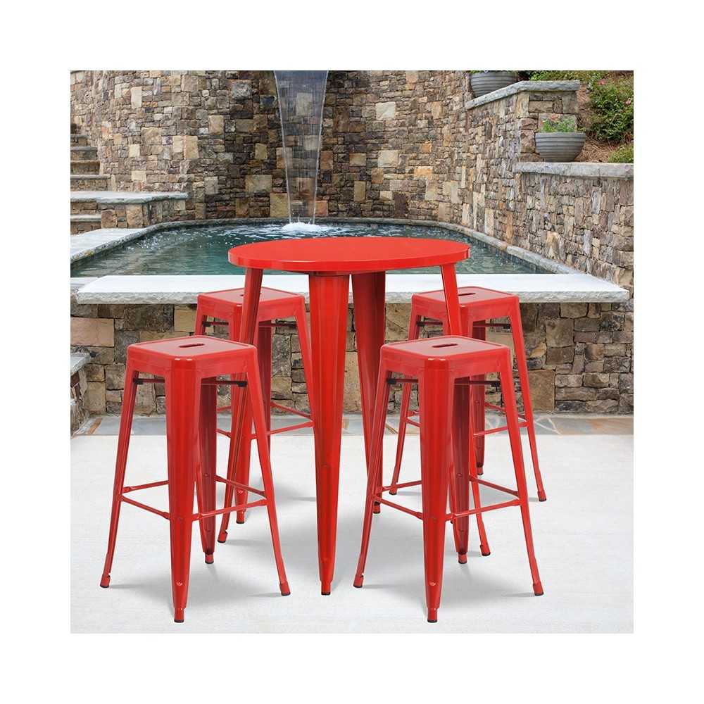 Commercial Grade 30" Round Red Metal Indoor-Outdoor Bar Table Set with 4 Square Seat Backless Stools