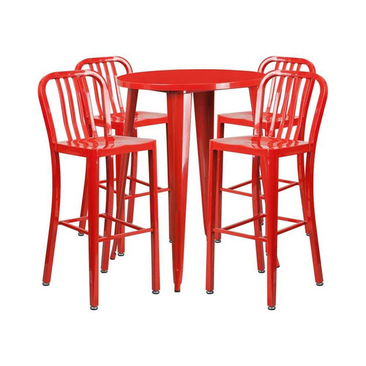 Commercial Grade 30" Round Red Metal Indoor-Outdoor Bar Table Set with 4 Vertical Slat Back Stools