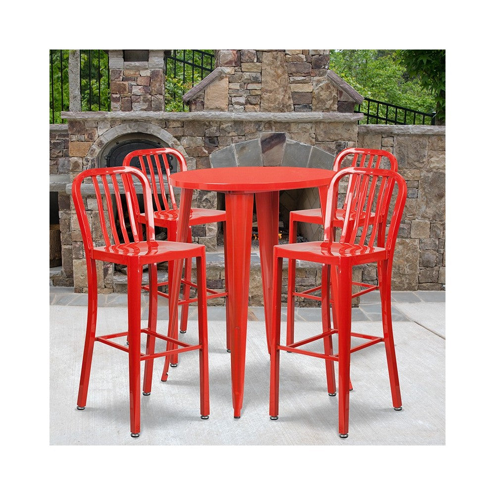 Commercial Grade 30" Round Red Metal Indoor-Outdoor Bar Table Set with 4 Vertical Slat Back Stools