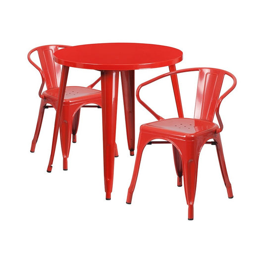 Commercial Grade 30" Round Red Metal Indoor-Outdoor Table Set with 2 Arm Chairs