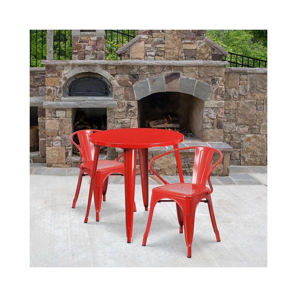 Commercial Grade 30" Round Red Metal Indoor-Outdoor Table Set with 2 Arm Chairs