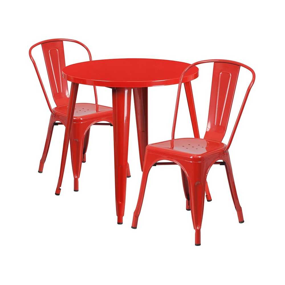 Commercial Grade 30" Round Red Metal Indoor-Outdoor Table Set with 2 Cafe Chairs