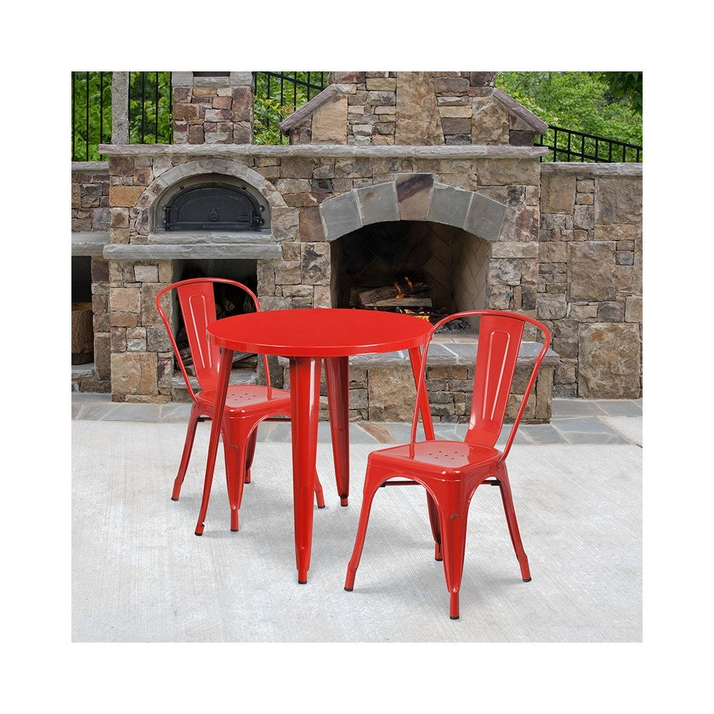 Commercial Grade 30" Round Red Metal Indoor-Outdoor Table Set with 2 Cafe Chairs