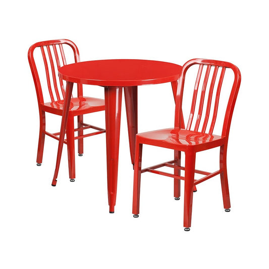 Commercial Grade 30" Round Red Metal Indoor-Outdoor Table Set with 2 Vertical Slat Back Chairs