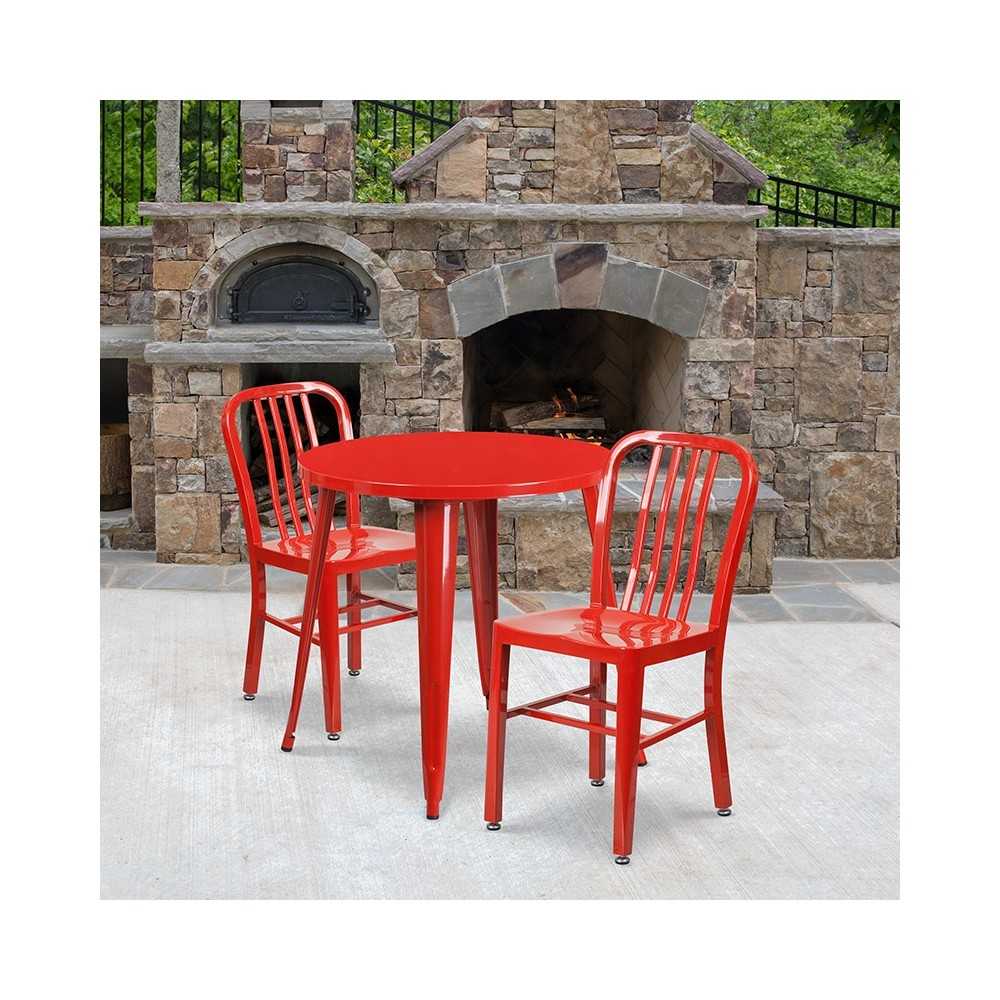 Commercial Grade 30" Round Red Metal Indoor-Outdoor Table Set with 2 Vertical Slat Back Chairs