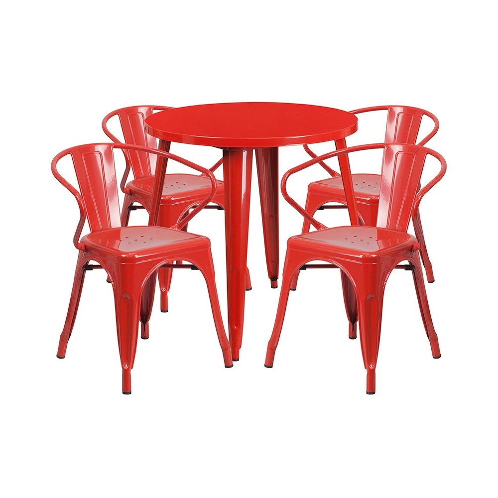 Commercial Grade 30" Round Red Metal Indoor-Outdoor Table Set with 4 Arm Chairs