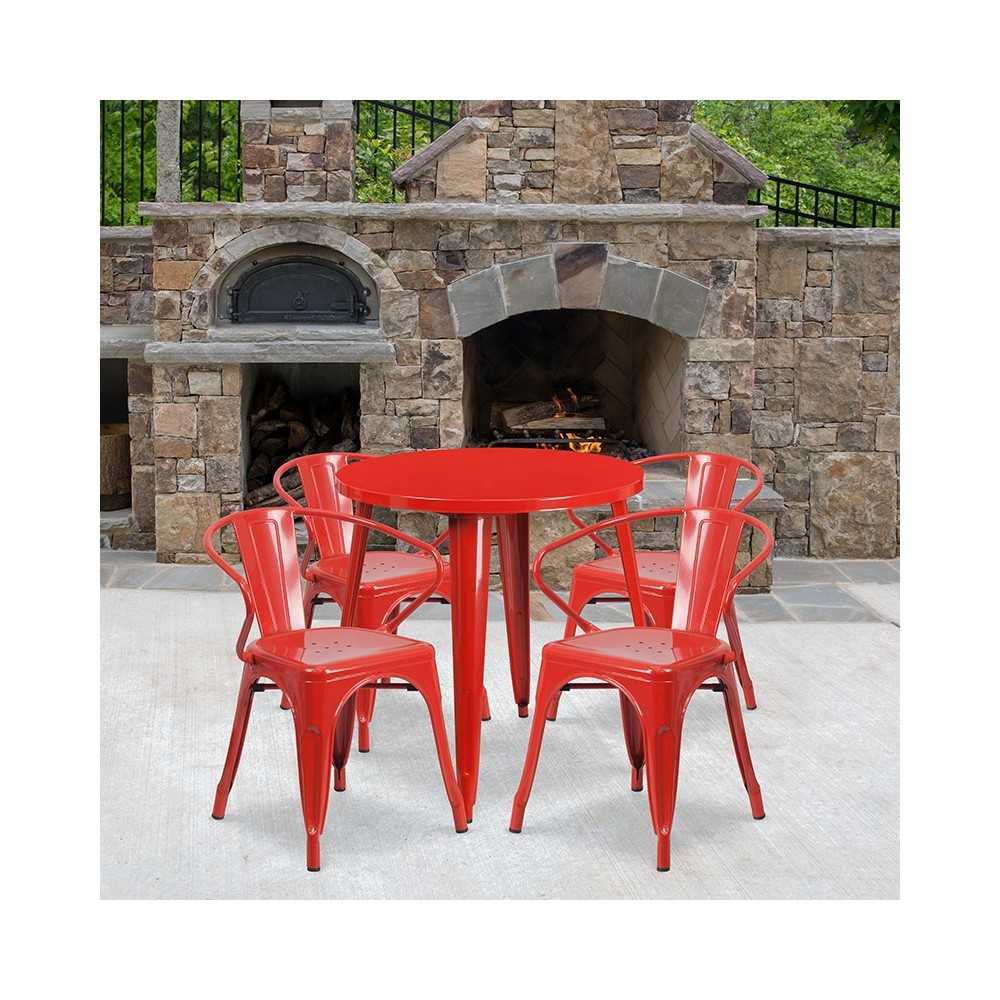Commercial Grade 30" Round Red Metal Indoor-Outdoor Table Set with 4 Arm Chairs
