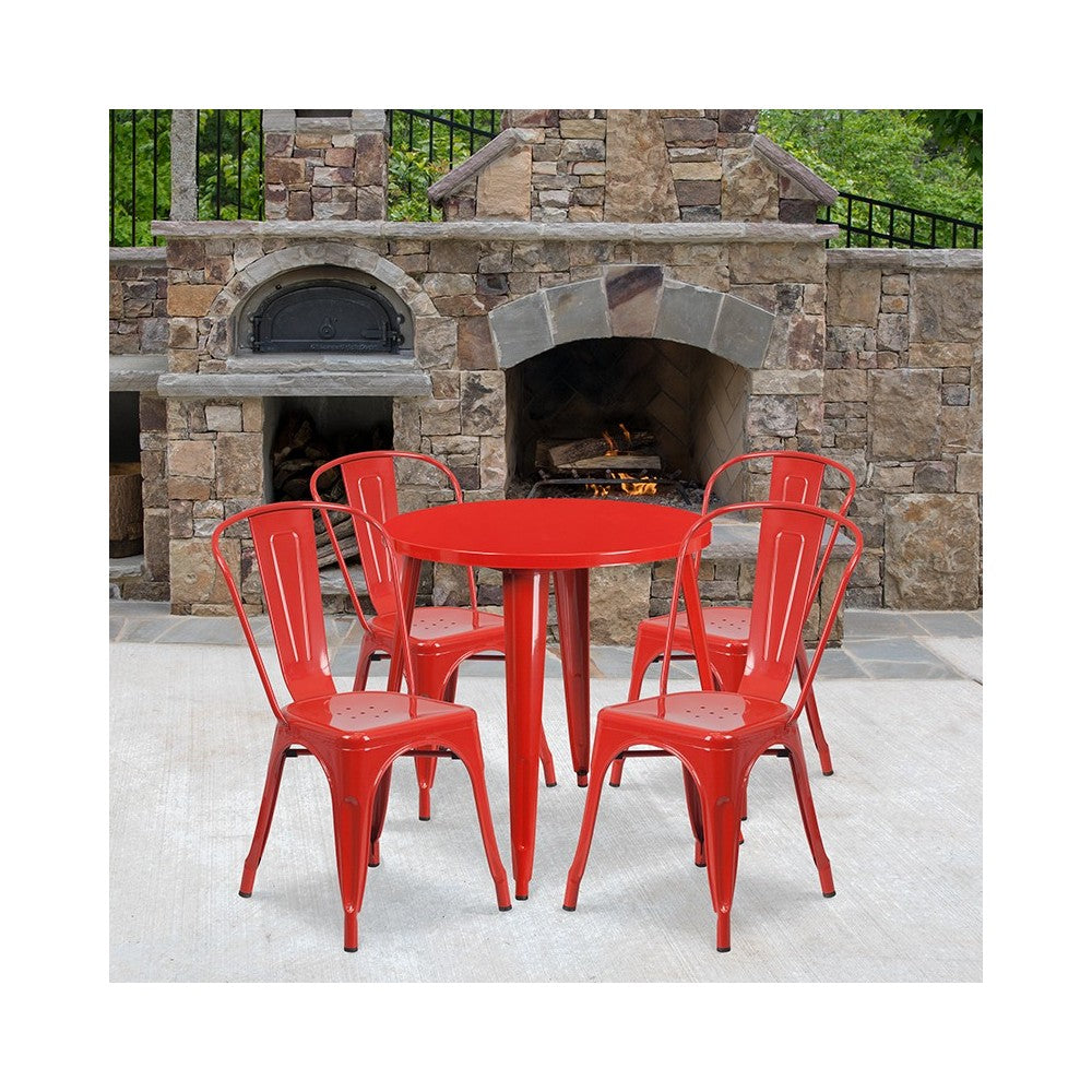 Commercial Grade 30" Round Red Metal Indoor-Outdoor Table Set with 4 Cafe Chairs