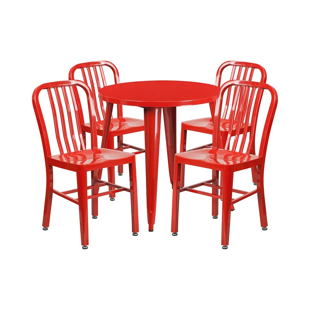 Commercial Grade 30" Round Red Metal Indoor-Outdoor Table Set with 4 Vertical Slat Back Chairs