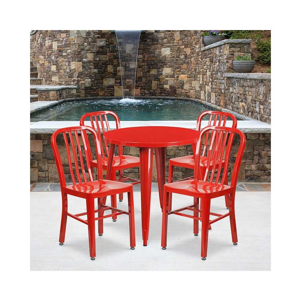 Commercial Grade 30" Round Red Metal Indoor-Outdoor Table Set with 4 Vertical Slat Back Chairs