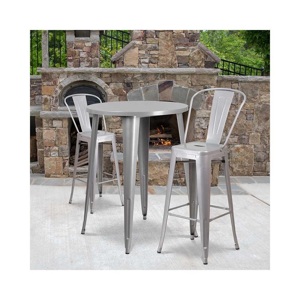 Commercial Grade 30" Round Silver Metal Indoor-Outdoor Bar Table Set with 2 Cafe Stools